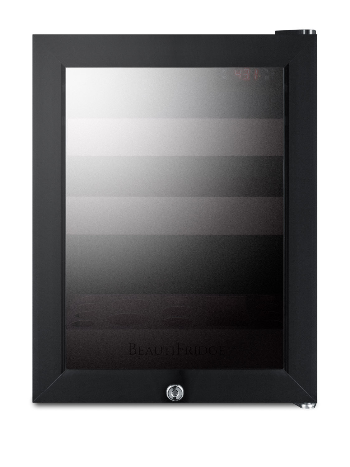 BeautiFridge compact cosmetics cooler with mirror-tinted glass door, black cabinet, lock, matte blush pink shelves, and digital controls set for the storage of beauty products